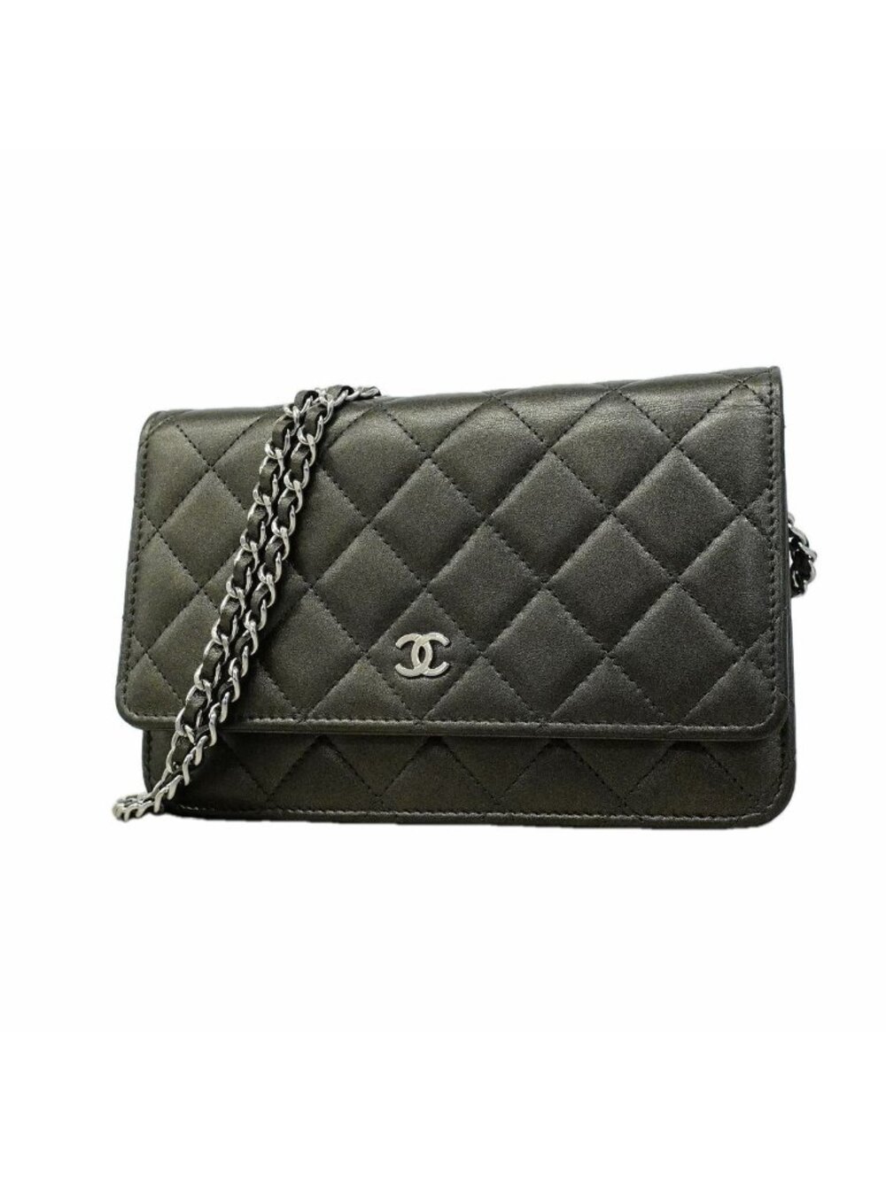 Chanel Wallet on Chain Quilted Lambskin Gray Silver Shoulder Bag